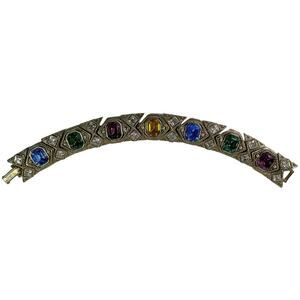 1990s Textured Gold Plate Jewel Tone Rhinestones Designer Classic Link Bracelet